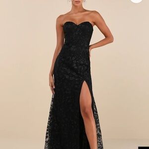 Lulus Elegant Black Strapless Gown with Lace Detail